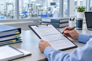 Quality professional reviewing compliance documents after an FDA inspection