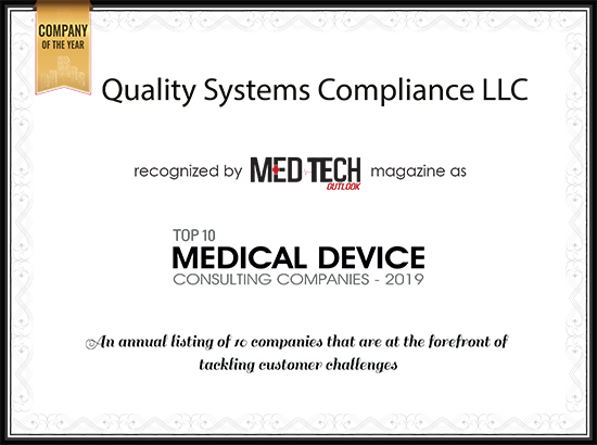 certificate of Quality Systems Complaince Top 10 Medical Device Consulting Company 2019